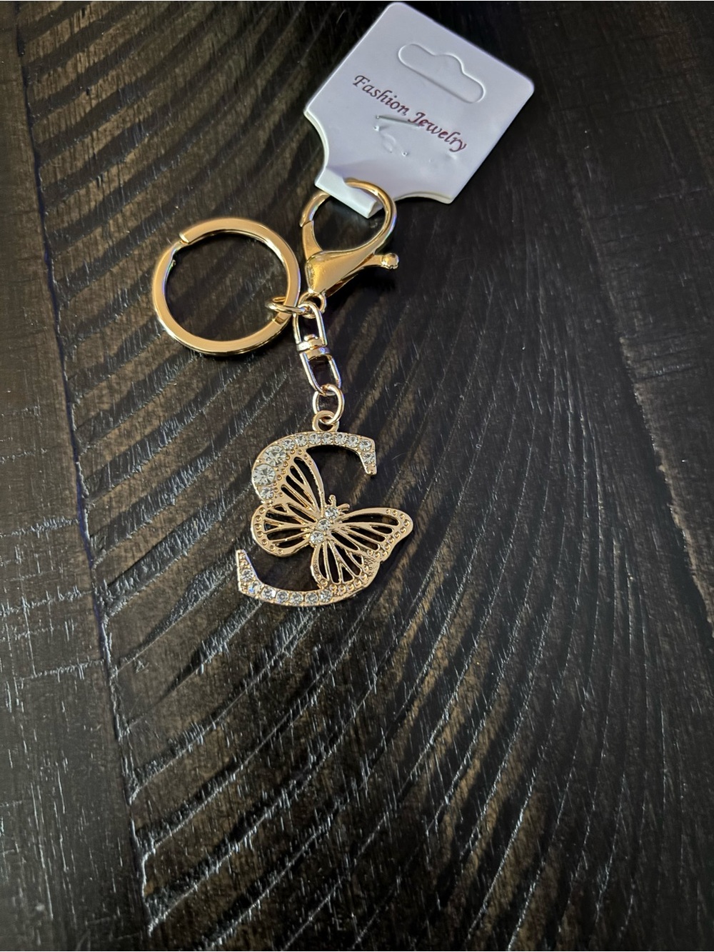 “Rhinestone “S” Rose Gold Butterfly Charm Keychain